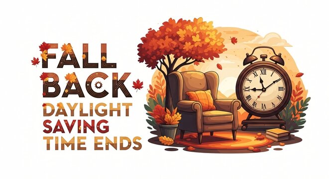 Fall Back Daylight Saving Time Ends Cozy Autumn Scene With Vintage Alarm Clock Illustration