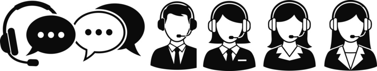 call center support, customer service team, headset icons, communication concept, black and white, business help, vector illustration, agent