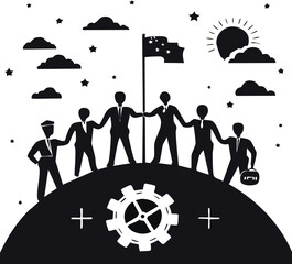 Teamwork and leadership silhouettes with group of people, handshake, gear, and flag-on-hill icon concepts