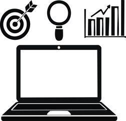 Digital marketing silhouette set with email, analytics chart, target, funnel, and laptop in flat black style