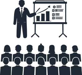 Business presentation silhouette pack with projector, graph board, audience, and speaker figure