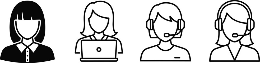 customer service icons, headset representative, laptop user, black and white, vector style, communication roles, support agent, online work
