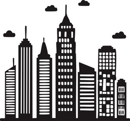 Office building and cityscape silhouette set with skyscrapers, office towers, skyline, modern corporate vibe.