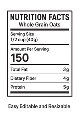 Nutrition facts label for whole grain oats item vector illustration on transparent background