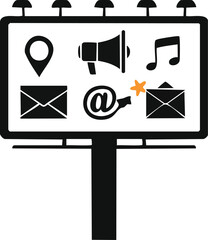 Advertising media silhouettes with billboard, loudspeaker, phone, email, and hashtag icon concepts