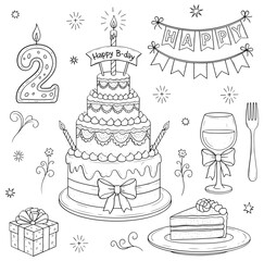 Hand drawn birthday elements, including cake, candles, gift, wine glass, and banner for coloring books