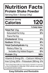 Nutrition facts label for protein shake powder vector illustration on transparent background