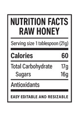 Nutrition facts for raw honey label closeup view vector illustration on transparent background