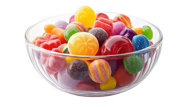 A clear bowl filled to the brim with a colorful assortment of assorted candies and sugary treats