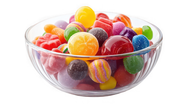 A clear bowl filled to the brim with a colorful assortment of assorted candies and sugary treats
