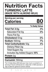 Nutrition facts label for turmeric latte drink vector illustration on transparent background