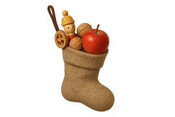 Traditional st. Nicholas day boot filled with walnuts, apple, and wooden toy on transparent background