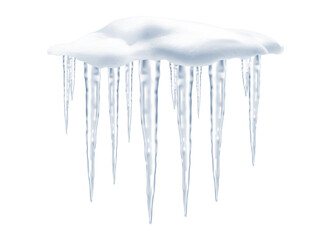 Cold snow and blue frozen icicle at the roof top for decoration of winter design