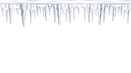 The cold white snow and blue frozen icicle at the roof top for decoration of winter design