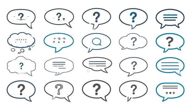 Assortment of speech bubbles, each in a unique style, featuring question marks and dialogue elements