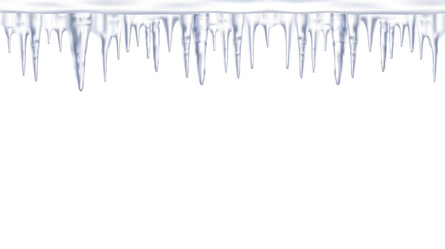 The cold white snow and blue frozen icicle at the roof top for decoration of winter design