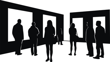 People silhouettes in modern art gallery, visitors viewing exhibition, museum interior concept, culture and creativity, artistic appreciation vector illustration