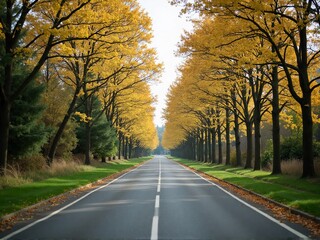 Naklejka premium A long, straight asphalt road vanishes into the distance, lined with vibrant yellow autumn trees.