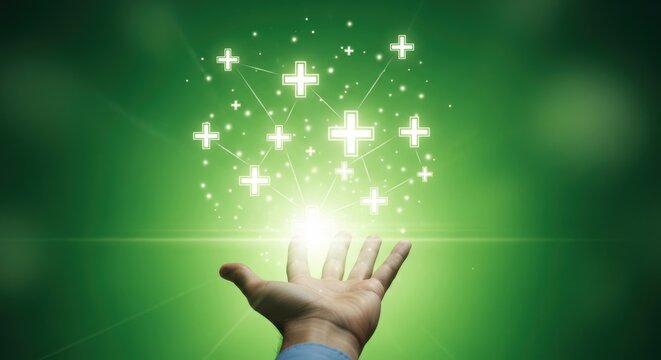 Man hand holding glowing digital plus sign network with light rays against dark green background for healthcare benefit concept