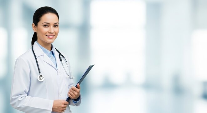 A smiling healthcare professional in a white coat with a stethoscope, holding a clipboard in a modern hospital setting. - Powered by Adobe
