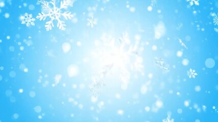 Blue background with falling snowflakes and bokeh. A bright, white light shines in the center - Powered by Adobe