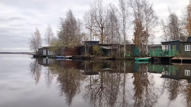 boathouses on the lake, picturesque autumn