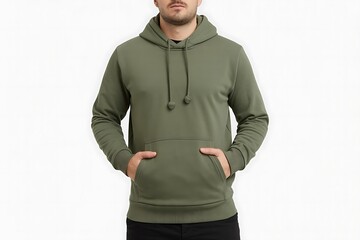 A person wearing an olive green hoodie, standing against a plain white background.