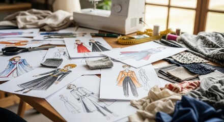 Fashion Design Studio Table Sewing Machine Fabric Samples and Sketches