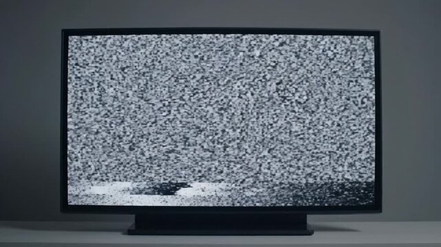 Television displaying static interference with vertical bars, gray tones, in a minimalistic studio