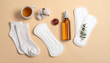 생리대와 천연 케어용품이 정돈된 플랫레이 Flat lay of sanitary pads and natural feminine care items