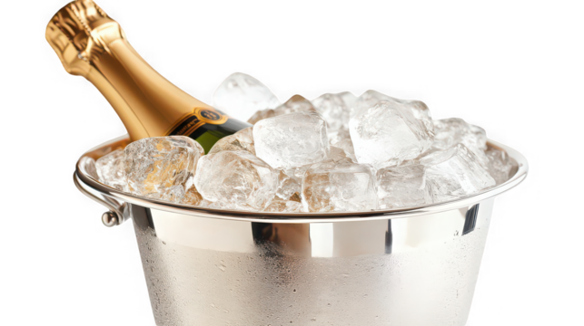 A bottle chilling in a silver ice bucket filled with ice cubes on a black background scene