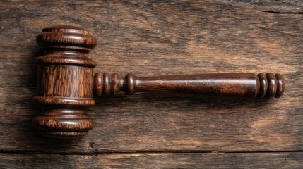 Classic Wooden Gavel on a Rustic Wooden Surface for Legal Themes
