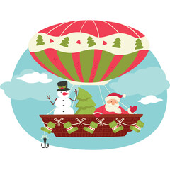 Santa Claus and a Snowman Ride in a Red and Green Hot Air Balloon Decorated with Christmas Trees and Mittens Against a Cloudy Blue Sky