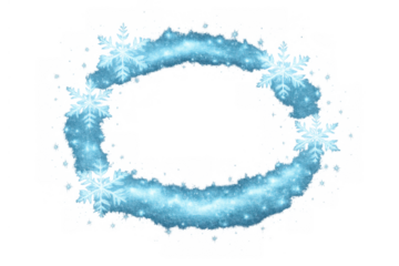Snowflakes frame forming a winter wreath shape, sparkling ice and glitter effect with transparent background