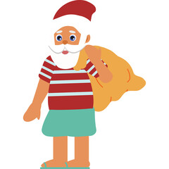 Santa Claus Wearing Striped Shirt and Teal Shorts Carrying a Yellow Gift Sack With a Transparent Background