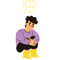 Sad Young Man Wearing Purple Sweater Yellow Boots Crouching Underneath a Yellow Cloud Raining Yellow Drops On White Background With Transparent Background Graphic Illustration