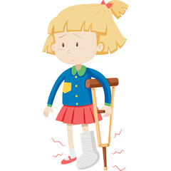 Sad Young Girl With Blonde Bob Haircut Wearing Blue Jacket And Red Skirt Walks With Crutches And Cast On Her Injured Leg While Smiling Unhappily