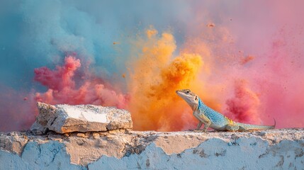 A small lizard stands on a rough textured surface with colorful powder explosions in the background