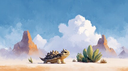 A small spiky lizard walks across a sandy desert landscape with cacti and rock formations under a bright blue sky with fluffy clouds