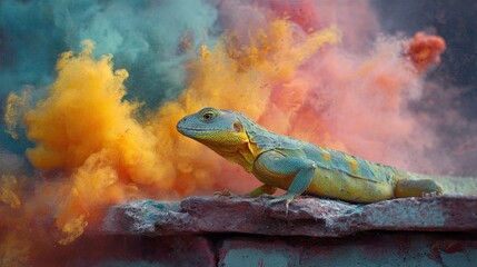 A teal and yellow lizard rests on a brick surface with vibrant colorful smoke plumes of orange yellow and pink swirling behind it