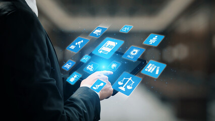 Law icons illustrate justice, court, and regulation system. Law represents fairness, law supports...