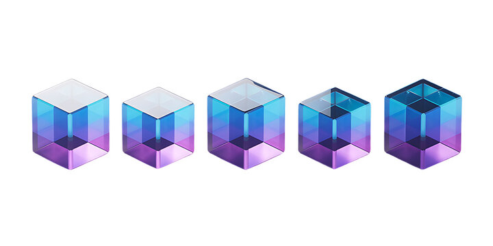 3d set of crystal light holographic glass cube render icons. Abstract geometric transparent block shapes with hologram gradient and dispersion effect. Isolated glossy square objects