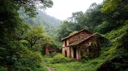 An overgrown brick house in a lush green jungle landscape with dense vegetation and a hazy sky