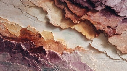 Textured abstract layers of muted earth tones and deep purples resembling eroded geological strata or mountain peaks with a tactile surface