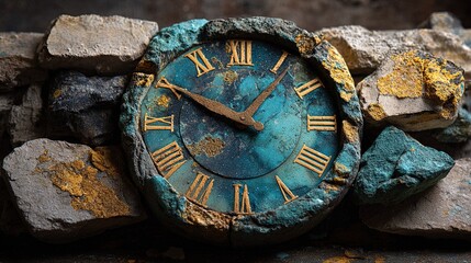 Close up of an ancient weathered clock face with Roman numerals embedded within rough textured stones and mineral deposits