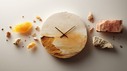 A rough circular clock face with exposed textured layers and thin hands surrounded by scattered pieces of stone sand and amber colored material