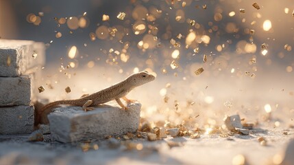 A small spotted lizard rests on a stone next to crumbling brickwork with golden particles floating in the hazy sunlit air