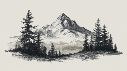 Obraz premium Black and White Mountain Landscape Drawing with Trees in Natural Scene