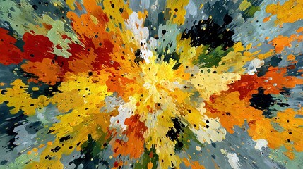 Vibrant abstract explosion of colorful paint splatters in yellow orange red and green hues against a textured gray background