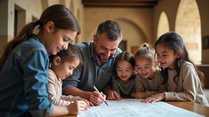 A family tracing their lineage at a historical site, with historic architecture framing the scene. Significant copy space is available for heritage education content.